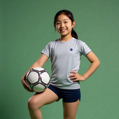 Young Asian girl holding soccer ball