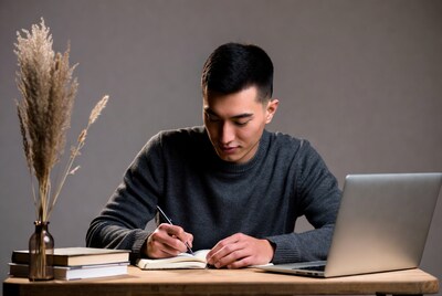 Young man writing in notebook