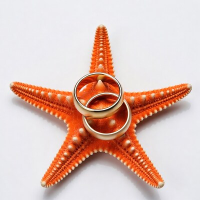 Wedding rings on orange starfish