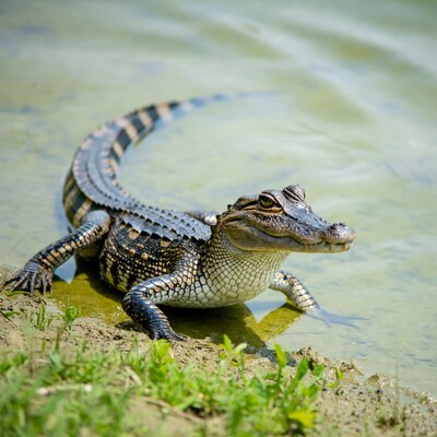Young alligator resting by water