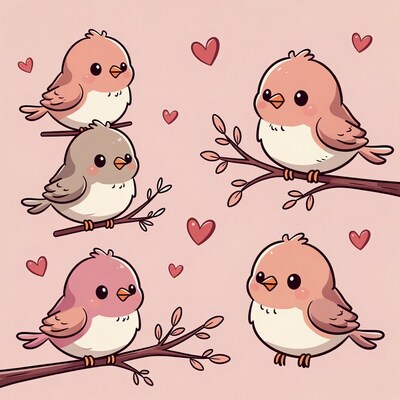 Cute cartoon birds on branches
