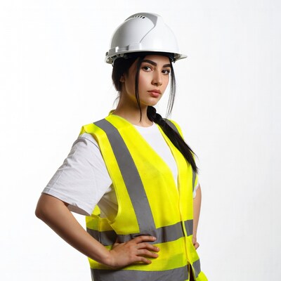 Woman in safety vest and helmet