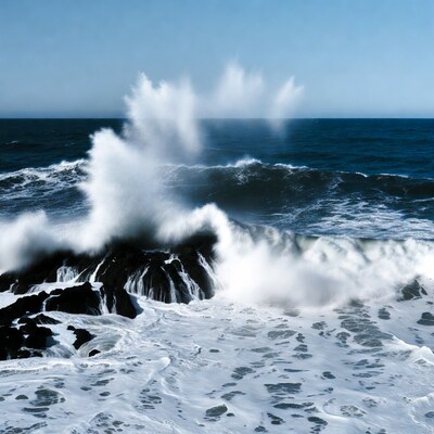 Ocean wave crashing on rocks