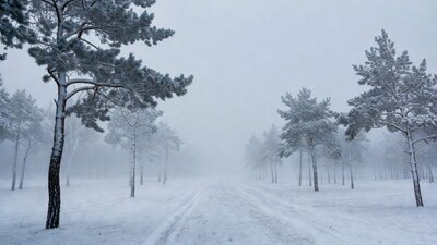 Snowy path through foggy forest