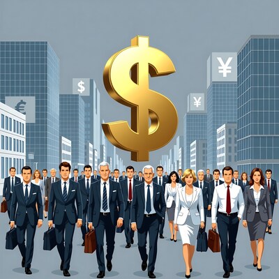 Business People Walking Under Golden Dollar Sign