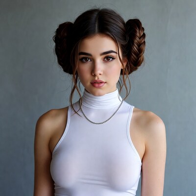 Woman with braided hair in white top