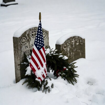 American flag on snowy gravestone