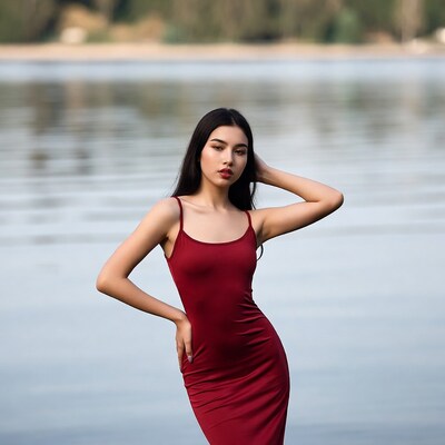 Woman in red dress by water