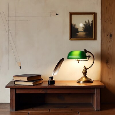 Vintage desk with books and lamp