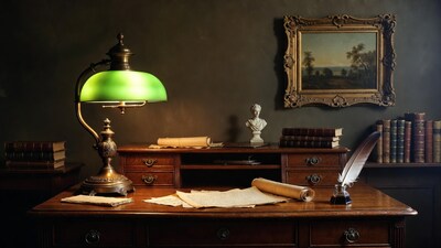 Vintage desk with green lamp