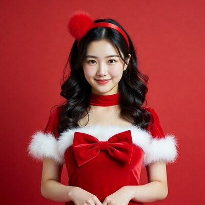 Asian woman in red Santa costume