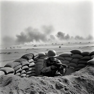 Soldier aiming rifle in desert trench