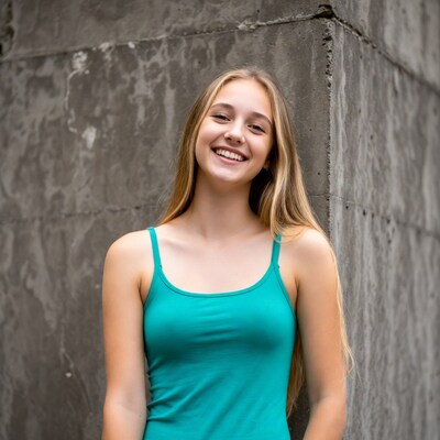 Young woman smiling in teal top