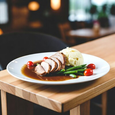 Sliced pork with mashed potatoes