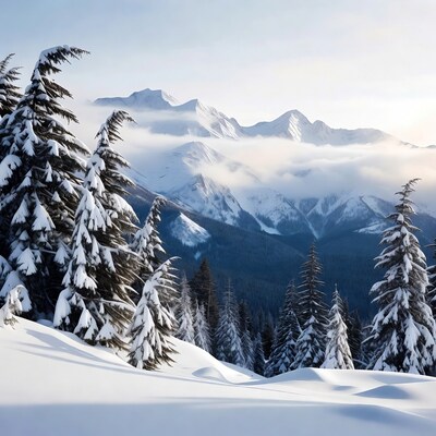 Snowy mountains with pine trees