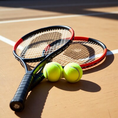 Tennis Rackets and Balls on Court
