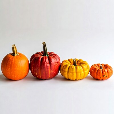 Four colorful pumpkins in a row