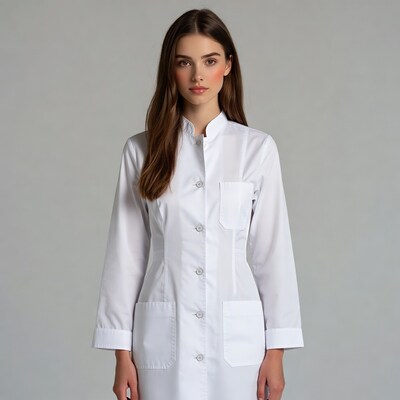Woman in white lab coat