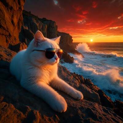 White cat wearing sunglasses at sunset