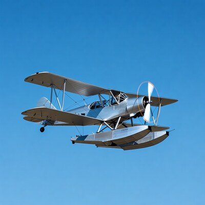 Silver seaplane flying in blue sky