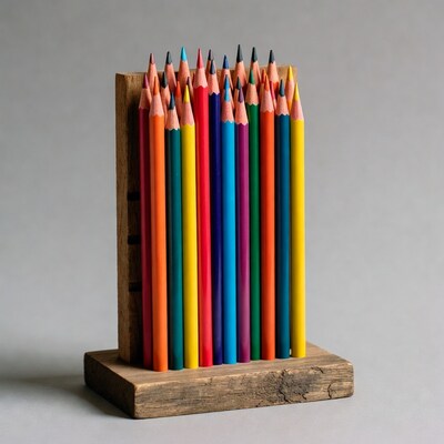Colorful Pencils in Wooden Holder