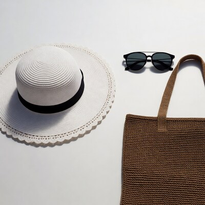 White sun hat with sunglasses and bag