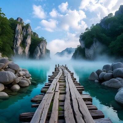Wooden bridge over turquoise lake