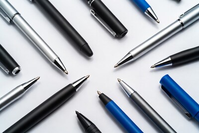 Assorted pens on white background