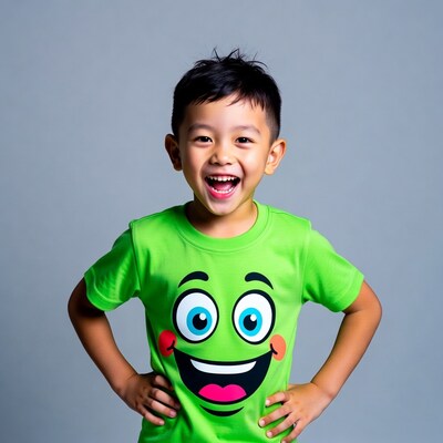 Boy in green emoji shirt