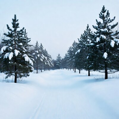 Snowy path through pine trees