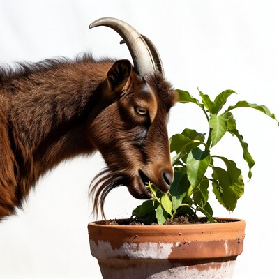 Goat eating plant in pot
