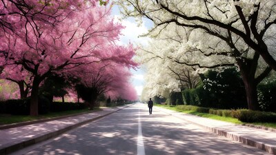 Man walking on tree lined road