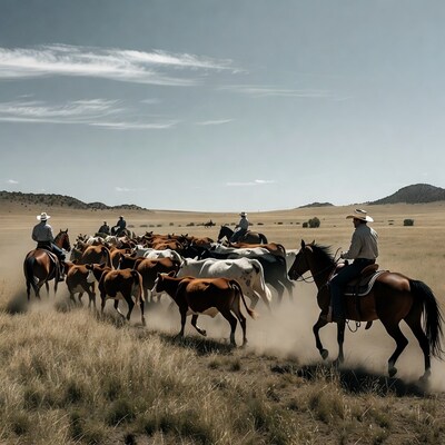 Cowboys herding cattle on horses