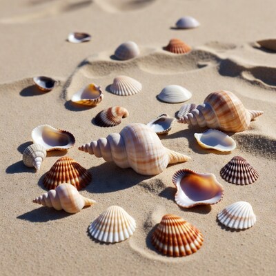 Seashells scattered on sandy beach