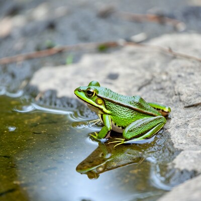 Green frog on rock in water