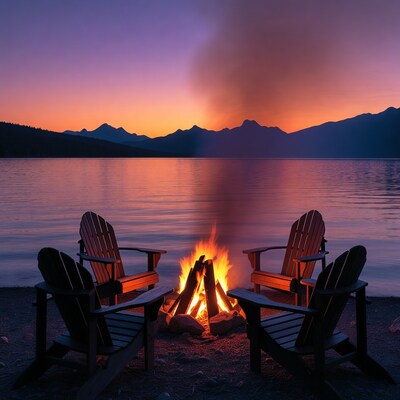 Campfire with Adirondack Chairs at Sunset