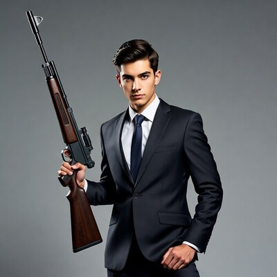 Man in suit holding rifle