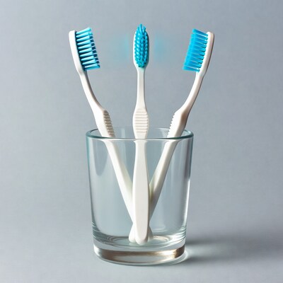 Three toothbrushes in glass cup