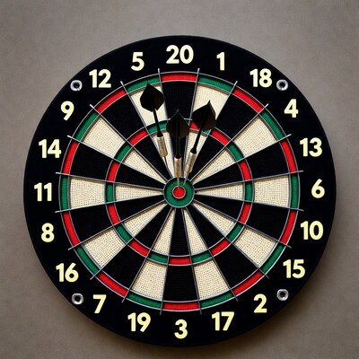 Dartboard with three darts in bullseye
