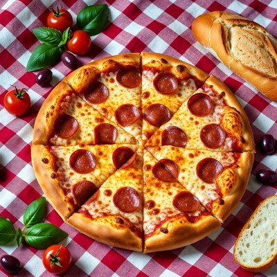 Pepperoni pizza on checkered tablecloth