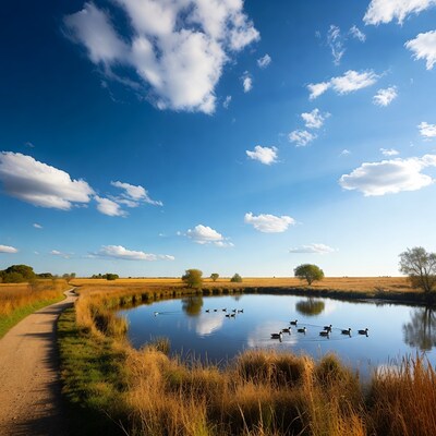 Ducks swimming in countryside pond
