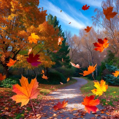 Autumn Path with Falling Leaves