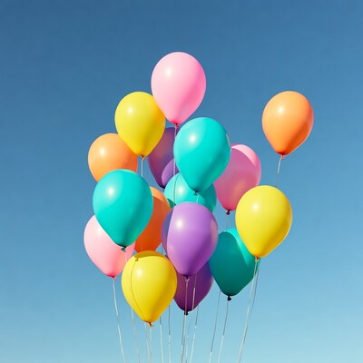 Colorful balloons floating in blue sky