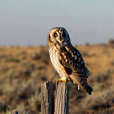 Owl perched on wooden post