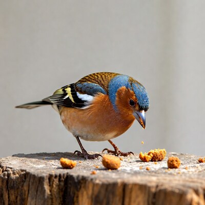 Colorful bird eating crumbs on wood
