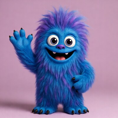 Blue furry monster waving hello