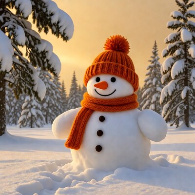 Snowman in snowy forest
