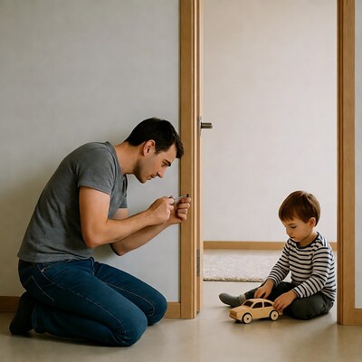 Father and son playing with toy car