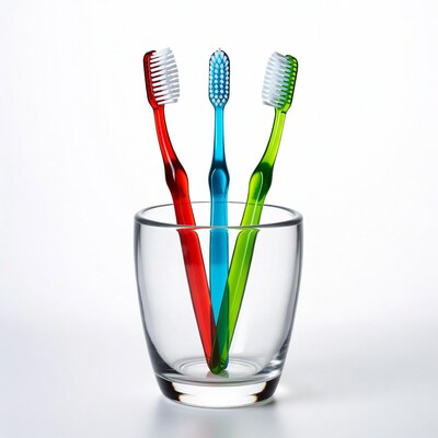 Three colorful toothbrushes in glass