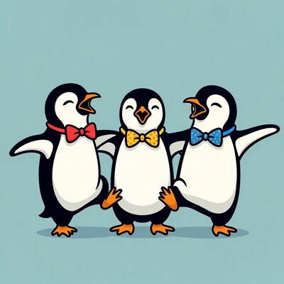 Three cartoon penguins wearing bow ties